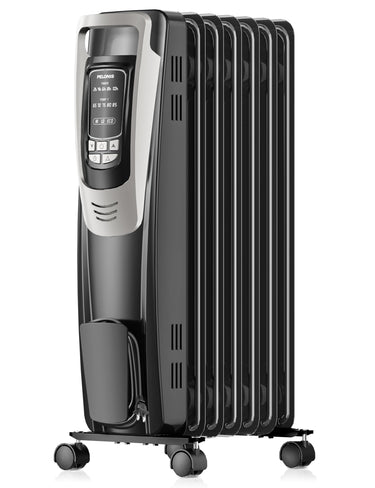 PELONIS Oil Filled Radiator, Electric Space Heater for Indoor Use Large Room with Thermostat & Remote, 3 Modes & 3 Heat Settings, ECO Mode, 24H Timer, Quiet, Overheat & Tip-Over Protection, 1500W Premium with LED Display Black